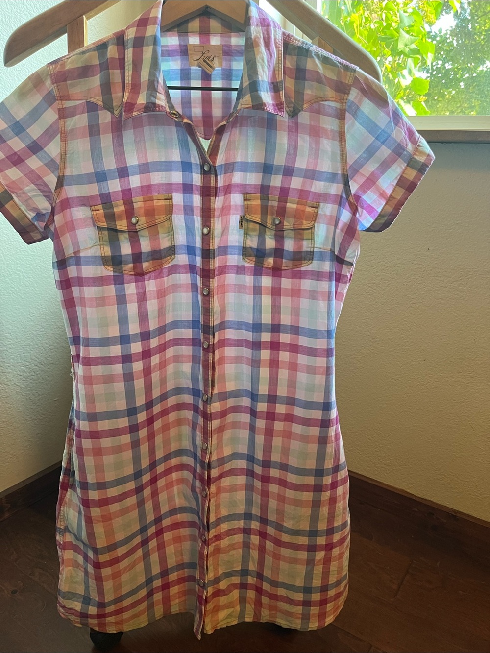 Levis Vintage Pink & Blue Checkered Button Front Mini Shirt Dress Cotton Size M